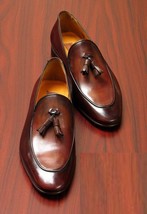 Handmade Loafer Slip On Brown Genuine Leather Rounded Tassel Formal Shoes - £126.63 GBP