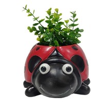 Ladybug Pot Planter 9.5" Long Red Black Dots Resin Home Garden Luck Adorable