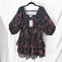 Band of the Free Dress XS Teal Floral Paisley Boho Mini Puff Sleeve Square Neck - $37.39