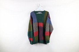 Vintage 90s Woolrich Mens Medium Rainbow Chunky Cable Knit Checkered Sweater - $98.95