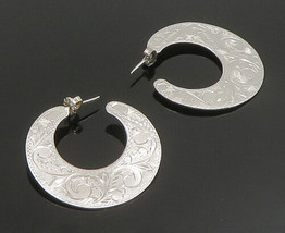 SIAM 925 Silver - Vintage Etched Floral Vine Disc Hoop Earrings - EG11691 - £53.81 GBP