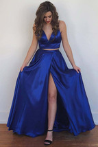 Two Piece Split-Front Floor Length Royal Blue Long Prom Dress,Red Evening Gowns - £95.94 GBP