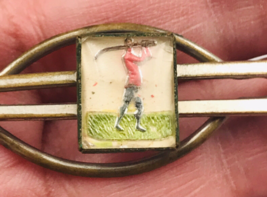 Vintage Celluloid Silver Tone Enamel Golfer Swinging Club Tie Bar 2 3/4&quot; x 5/8&quot; - £17.00 GBP