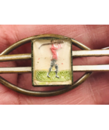 Vintage Celluloid Silver Tone Enamel Golfer Swinging Club Tie Bar 2 3/4&quot;... - £17.00 GBP