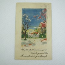 Christmas Greetings Postcard Vintage 1925 House Red &amp; White Tree Blossoms - £4.68 GBP