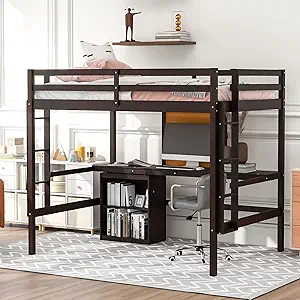 Merax Loft Bed Full Size, Wooden Loft Bed Frame with Desk, Cabinet, Writ... - $703.99