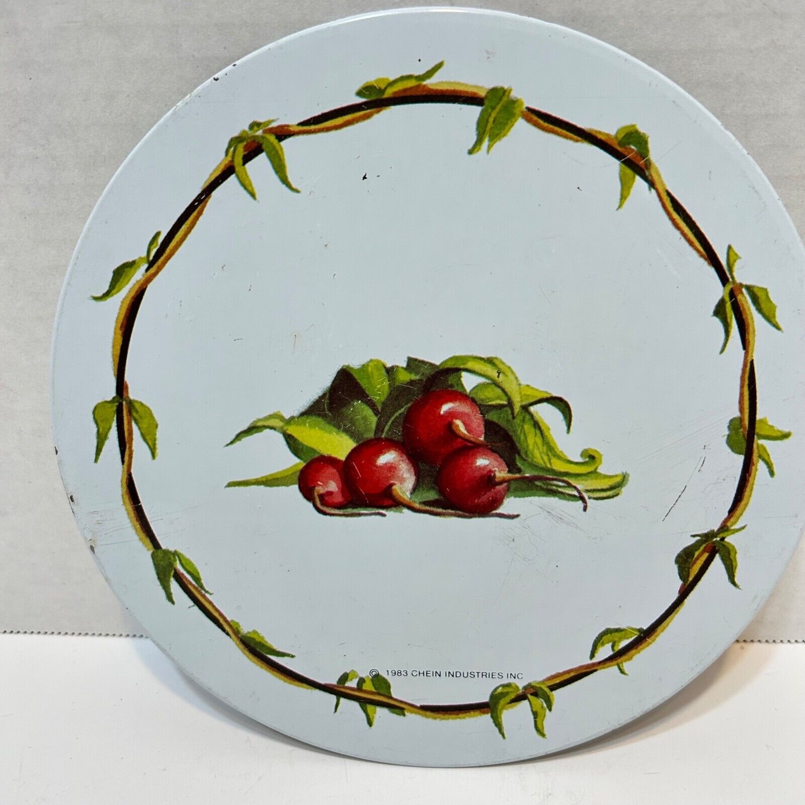 Primary image for Vintage 1983 Chein Industries Thermo Shield Cherries Metal Round Trivet 7 inch