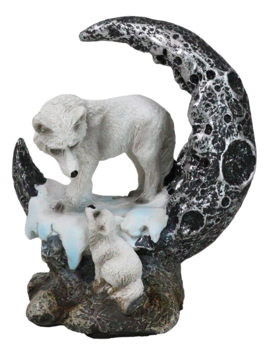 Winter Snow White Wolf Mother With Pup By Snowy Crater Crescent Moon Fig... - $17.99