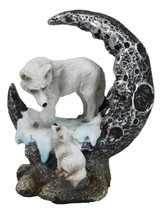 Winter Snow White Wolf Mother With Pup By Snowy Crater Crescent Moon Fig... - £14.06 GBP