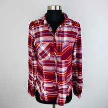 Maurices Womens Medium M Rayon Pearl Snap Red Orange Blue Flannel Shirt * - £15.10 GBP