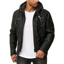 Men&#39;s Real Black Lamb Leather Removable Hoodie Motorcycle Biker Jacket Size 3XL - £77.39 GBP