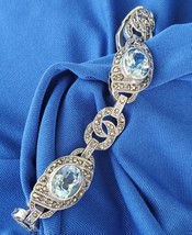 DESIGNER SIGNED 925 Sterling Silver BLUE TOPAZ Pave Marcasite Bracelet C... - $265.05