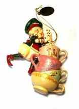 Katherine&#39;s Collection Elf with Teacup Stack Ornament 4.5 inches (RED HAT) - £13.82 GBP