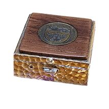 Vintage Wood Trinket Pill Box Case Silver Metal Hammered Etched Canadian... - $11.88