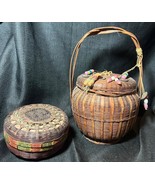 Set of Two Old Vintage Antique Asian Art Chinese Woven Basket Baskets Coins - $225.85 CAD