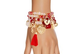 Women Red and Milky White Glass Beads Love Charm Red Tassel Stretch Bracelet Set - £30.19 GBP