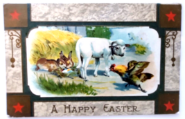 Easter Postcard Rabbits Sheep Rooster Painted Eggs Farm Land 1909 Vintage - £5.86 GBP