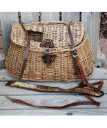 Vintage Fishing Creel Wicker Basket Shearling Lined Leather Strap Handmade - $1,725.00 MXN
