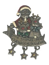 Vintage AMJO Pewter Santa Reindeer Christmas Brooch &quot;Good Friends&quot; - £10.76 GBP