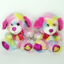 Lot Of 2 Rainbow Valentine Puppy Dog Gold Shiny Heart Plush Stuffed Animal 8&quot; - £15.68 GBP