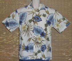 Pierre Cardin Hawaiian Shirt White Blue Tan Olive Tropical Leaves Size Medium - £17.25 GBP