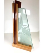 Stunning Art Deco Etched Art Glass &amp; Wood Panel Abstract Geometric Sculp... - €107,82 EUR