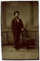 CIRCA 1860&#39;S 1/6 Plate TINTYPE Handsome Man With Goatee Standing By Chair in Hat - £13.12 GBP