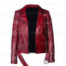 New Women&#39;s Maroon Punk Silver Studded Classic Designed Biker Leather Jacket-591 - £367.69 GBP