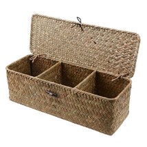 Laundry Basket 3- Grid Water Hyacinth Storage Bins: Seagrass Wicker Baskets With - £21.59 GBP