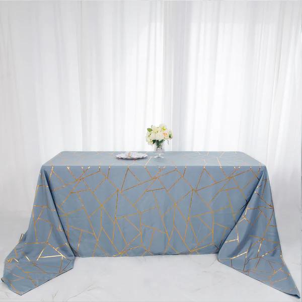 Dusty Blue - Rectangle Polyester Tablecloth Gold Foil Geometric 90&quot;x156&quot;  - £43.74 GBP