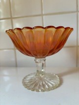 Vintage Iridescent Marigold Glass Compote Footed Ribbed Scallop Edge Dish - $14.84