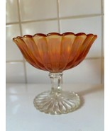 Vintage Iridescent Marigold Glass Compote Footed Ribbed Scallop Edge Dish - $14.84