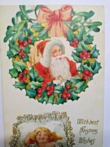 Santa &amp; Poinsettias Vintage Christmas Postcard Original Embossed Sleeping Girl - £14.57 GBP
