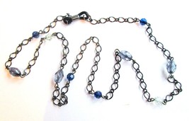 NEW Lacy Filagree Necklace w/ Clear &amp; Blue Crystal Beads on Black Metal Chain - £10.11 GBP