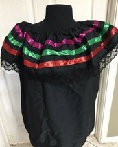 Black Women Size XL Off-Shoulder Ruffle Top Lace Ribbon Folkloric Fiesta... - $15.95
