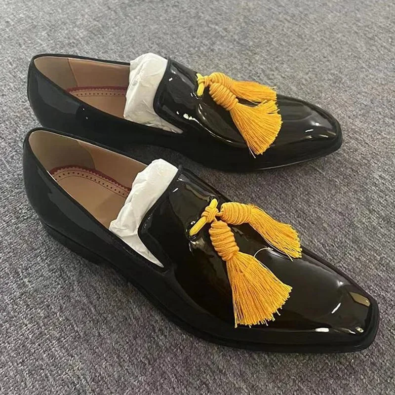 New Black Patent Leather Shoes Men Tassel Loafers Fashion Handmade Slip ... - $191.78