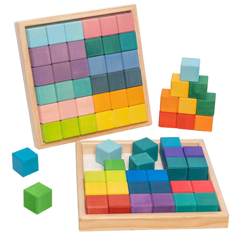 Basswood Colorful Wooden Constructor Blocks Toy Mosaic Square Large Basic Blocks - £52.88 GBP