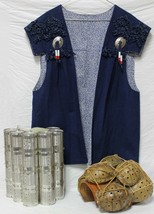 New Women&#39;s Blue Denim Western Mtn Vest Frayed Concho W/Beads Flower Lined Sz L - £23.42 GBP