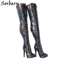 Holo python Crotch Thigh High Boots Pointed Toes High Heel Platform Shoes Lace-U - £337.40 GBP