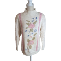 VTG Lydia Jane Womens Hand Knit Beige Embroidered Flower Mock Neck Sweat... - £22.57 GBP