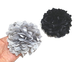 2 pc Black &amp; Silver Gray Handmade Cabbage Satin Ruffles Flower Flat Back C01 - £8.01 GBP