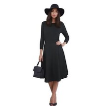 Unique Vintage Black V-Back 1950&#39;s Inspired Swing Belted Dress Size M - £57.36 GBP