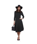 Unique Vintage Black V-Back 1950&#39;s Inspired Swing Belted Dress Size M - $101.87 CAD