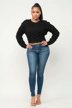 Black Long Sleeve Drop Shoulder Checker Pattern Pullover Crop Sweater_ - £22.91 GBP