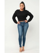 Black Long Sleeve Drop Shoulder Checker Pattern Pullover Crop Sweater_ - £22.75 GBP