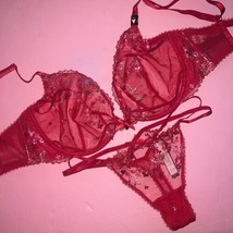 Victoria&#39;s Secret unlined 34DDD BRA SET Strappy RED Pink Foil Floral Emb... - £63.83 GBP