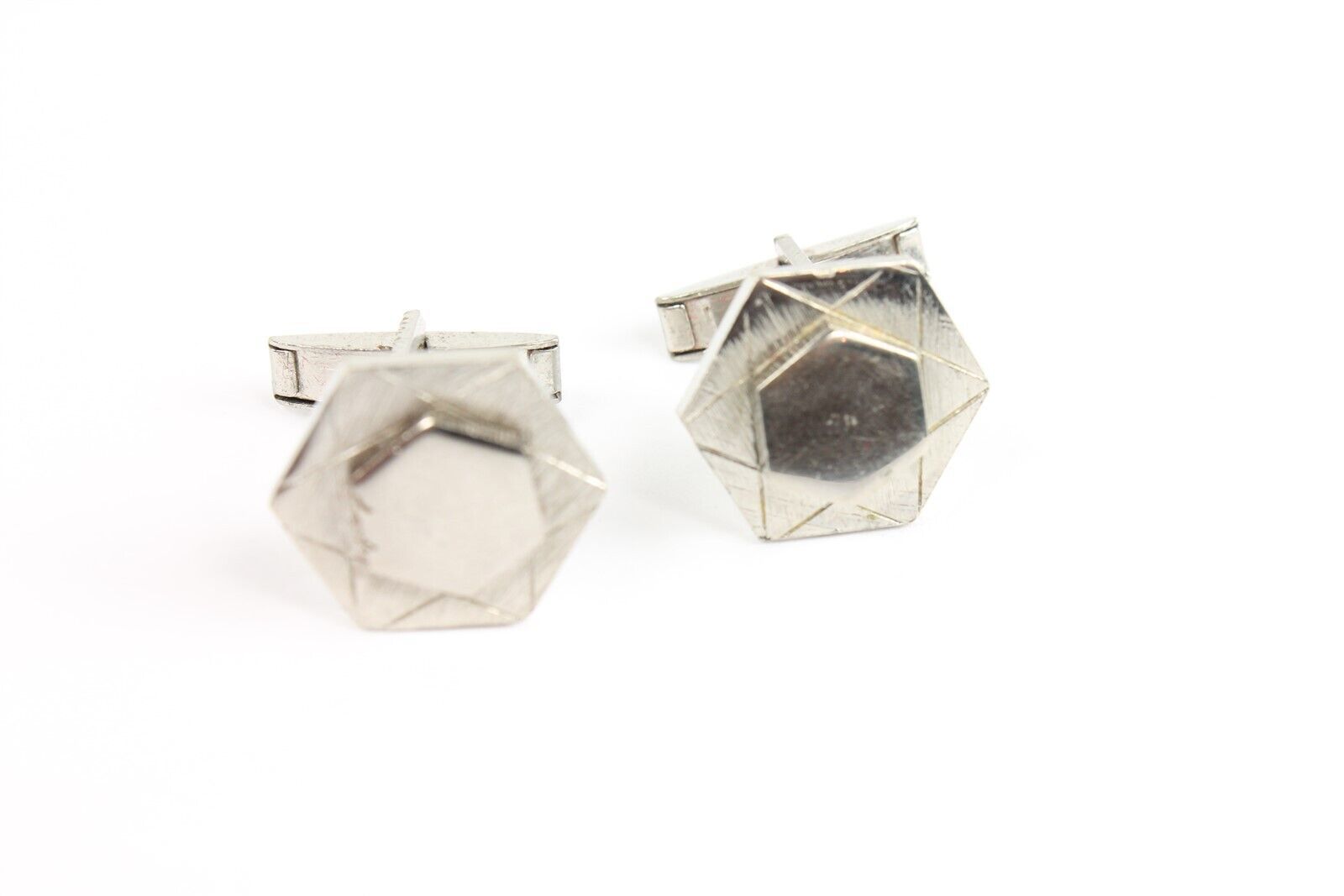 ✅ Vintage Pair Mens Cuff Links Hexagon Etched Silver Metal Jewelry Set 2 - $7.91