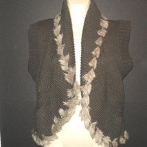 Cache Size M Knit Sweater Vest Fur Tuft Trim, Olive/Brown/Gray - £18.60 GBP
