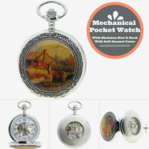 Mechanical Pocket Watch Silver Skeleton See-through Back Deer Design Fob Chain - £23.97 GBP