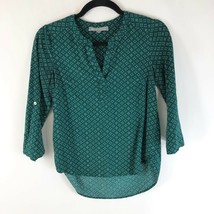 Daniel Rainn Womens Top Blouse Hi Lo Hem 3/4 Sleeve Geometric Green Size XS - £7.83 GBP